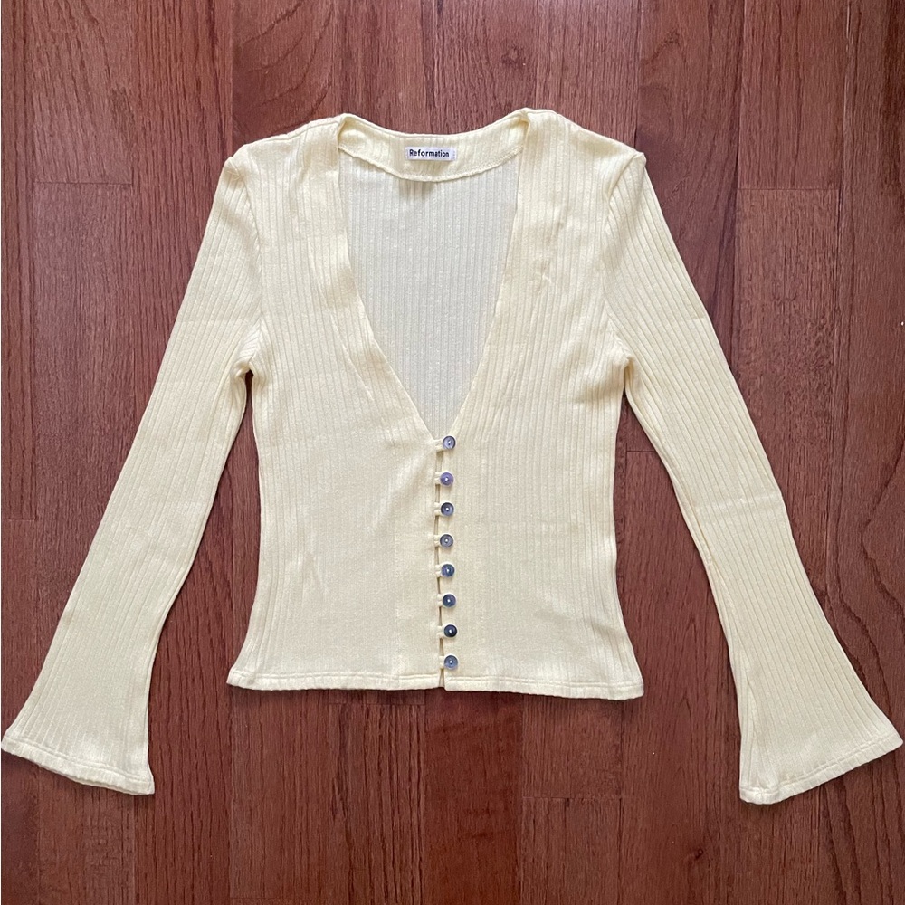 Reformation Light Yellow Ribbed Button-Up Crop Top - Picture 2 of 7